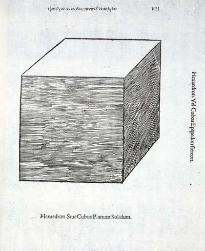 Hexaedron plano sólido, a partir de uma &39;proporção divina&39; por Luca Pacioli (c.1445-1517), originalmente pub. Veneza de 1509 de Leonardo da Vinci