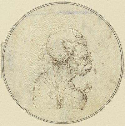 Caricatura de uma mulher idosa, retrato do peito com uma rosa no colo, de perfil para a direita de Leonardo da Vinci
