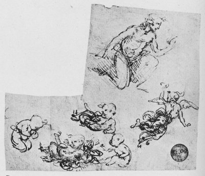Ajoelhando-se Juventude e Putti, c1480 1945 de Leonardo da Vinci