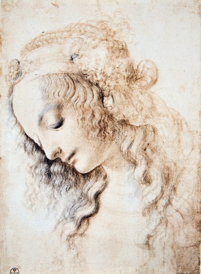 Leonardo da Vinci (Leonardo da Vinci) (1452 - 1519): Retrato de uma menina de olhos fechados e cabeça para baixo com o cabelo enfeitado com uma faixa enriquecida com jóias (Immagina) de Leonardo da Vinci