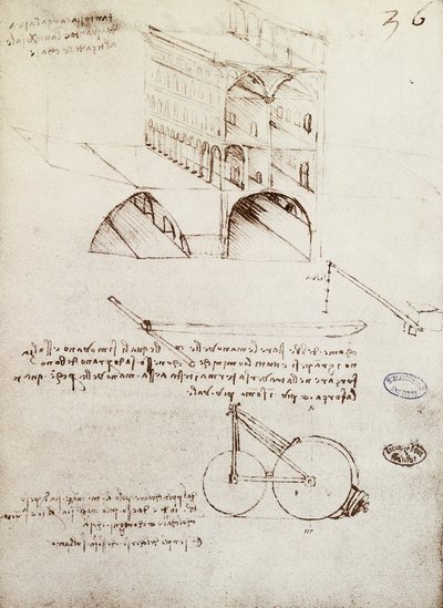 Manuscrito B, f 36 r Estudos arquitetônicos, desenvolvimento e seções de edifícios na cidade com ruas elevadas (caneta e tinta sobre papel) de Leonardo da Vinci