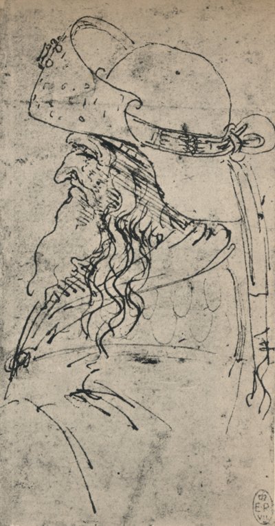 Perfil à esquerda de um homem velho em um chapéu grande, c1480 1945 de Leonardo da Vinci