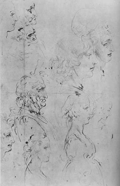 Perfis de homens e metade do comprimento de uma menina, c1490 1945 de Leonardo da Vinci