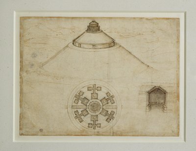 Projeto de um túmulo em planta central; alçado ... de Leonardo da Vinci