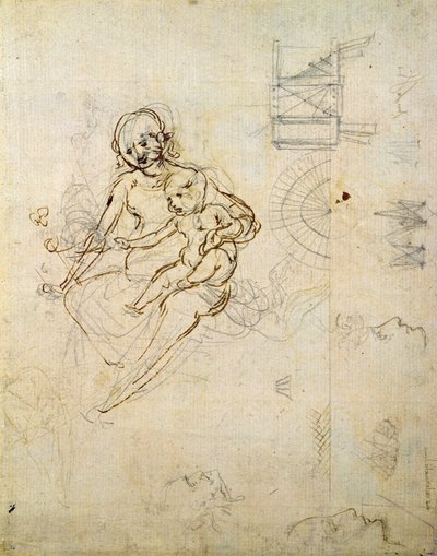 Estudos para uma virgem e criança e de cabeças em perfil e máquinas, c.1478-80 (lápis e tinta sobre papel) de Leonardo da Vinci