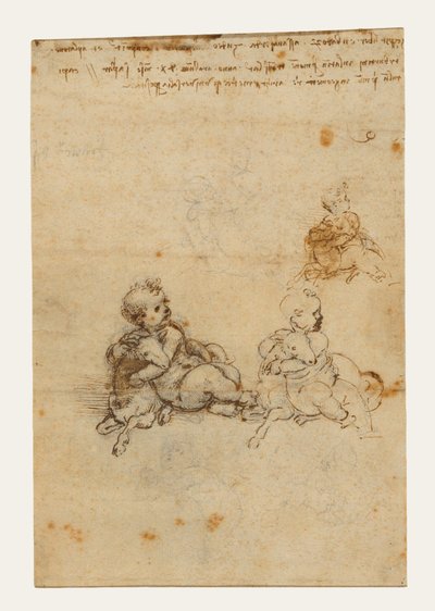 Esboços para o «Menino Jesus com um Cordeiro» (anverso); «Cabeça de um Ancião» e «Esboços de Maquinaria» (verso) de Leonardo da Vinci