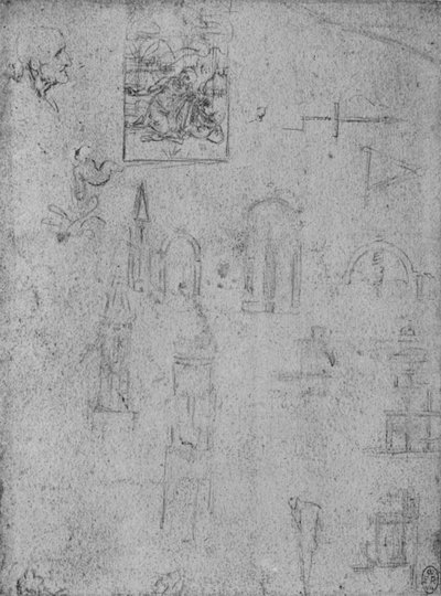 Estudos de Arquitetura e de uma Virgem Adorando o Cristo Infantil, c1480 1945 de Leonardo da Vinci