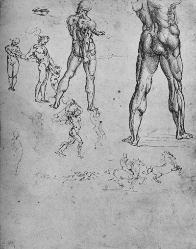 Estudos do soldado nu com espada e esboços menores, c1480 1945 de Leonardo da Vinci