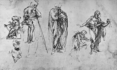 Estudos de figuras individuais e de um perfil, c1480 1945 de Leonardo da Vinci