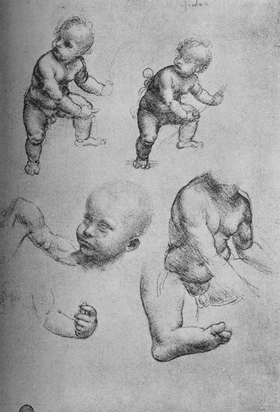 Estudos de uma criança e partes de uma criança, c1480 1945 de Leonardo da Vinci