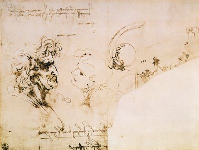 Estudo de duas cabeças em perfil e estudos de máquinas de Leonardo da Vinci