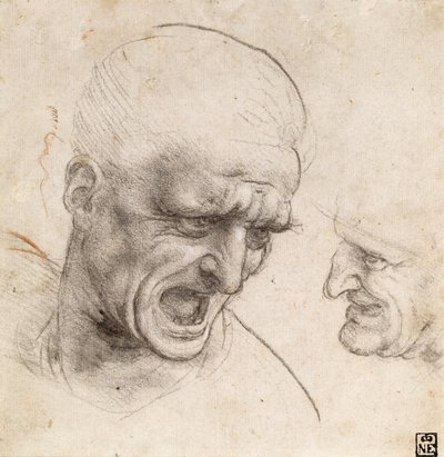 Estudo de cabeças de dois guerreiros para a batalha de Anghiari de Leonardo da Vinci