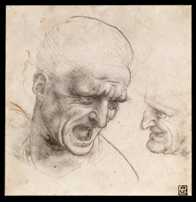 Estudo de cabeças de dois guerreiros para a batalha de Anghiari de Leonardo da Vinci