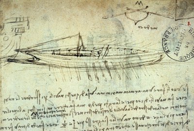 Estudo do barco equipado com uma série de remos por Leonard de Vinci (Leonardo da Vinci) (1452 - 1519). Desenho com caneta e tinta. Manuscrito. Biblioteca do Institut de France. Paris. de Leonardo da Vinci