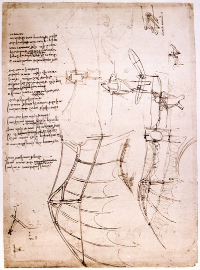 Estudo sobre as asas. Codex Atlântico. Códice Atlântico, Desenho de Leonard de Vinci (Leonardo da Vinci) por volta de 1499. de Leonardo da Vinci