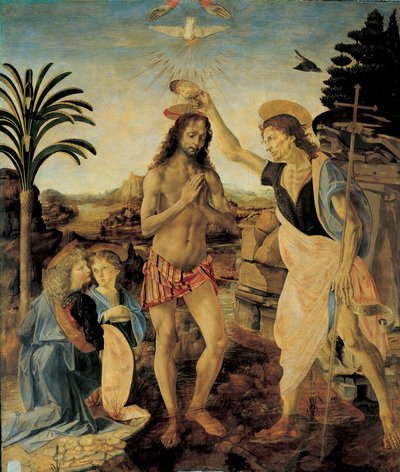 O Batismo de Cristo por volta de 1475 - 1478 por Andrea del Verrocchio (1436-1488) e Leonardo da Vinci (Leonard of Vinci) (1452-1516), Óleo e tempera sobre madeira de Leonardo da Vinci