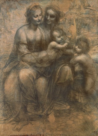 A Virgem e o Menino com Santa Ana e o Menino São João Batista, c.1499-1500 (carvão realçado com giz branco sobre papel, montado sobre tela) de Leonardo da Vinci