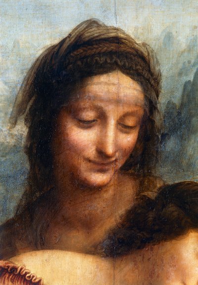 O rosto de Santa Ana, detalhe da Virgem e do Menino com Santa Ana de Leonardo da Vinci