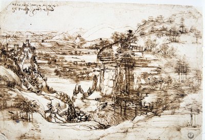O primeiro desenho conhecido de Leonard de Vince (Leonardo da Vinci) (1452-1519), "Paisagem de Santa Maria della Neve": a paisagem do vale do Arno, perto de Florença. de Leonardo da Vinci