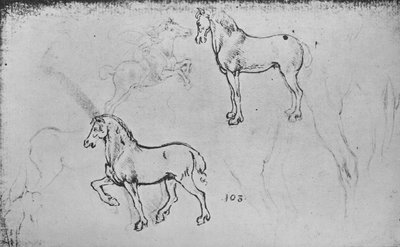Dois estudos de cavalos, um de um cavaleiro galopante e outros de pernas de cavalo, c1480 1945 de Leonardo da Vinci