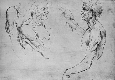 Dois estudos da parte superior de um homem velho e dois estudos de armas, c1480 1945 de Leonardo da Vinci