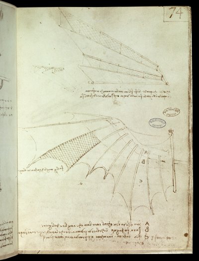 Asa. Desenho da máquina voadora. Manuscrito de Leonard De Vinci (Leonardo da Vinci de Leonardo da Vinci