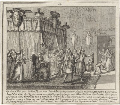 La mort de Pierre I le Grand, le 8 fevrier 1725 - The Death of Peter the Great on 8 February 1725, de Schenk, Leonard (1696-1767). Gravura em cobre de Leonardus Schenk
