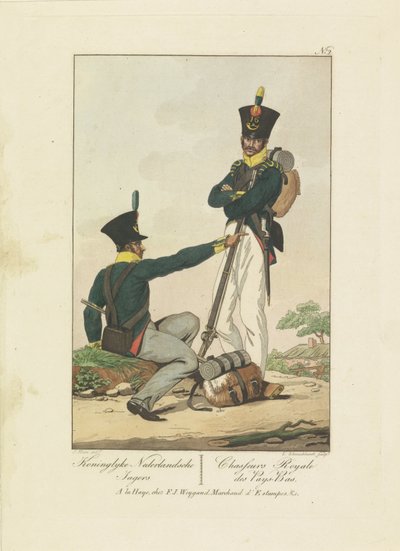 Dois caçadores, 1814-1818
Koninglyke Nederlandsche Jagers / Chasseurs Royale des Pays-Bas (título sobre o objecto)
Sete representações uniformes 1814-1818 (título da série) de Leonardus Schweickhardt