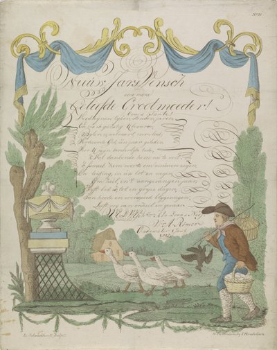 Carta de desejo com um fazendeiro e seus gansos de Leonardus Schweickhardt