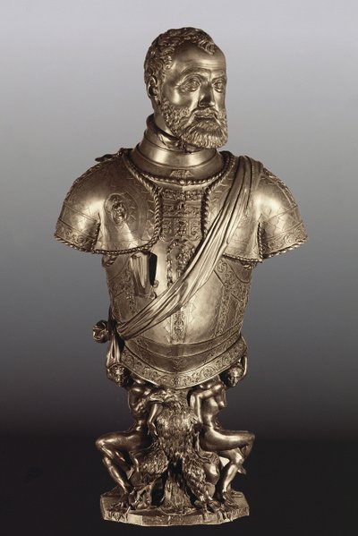 Busto de retrato do Sacro Imperador Romano-Germânico Charles V (1500-58) (bronze) de Leone Leoni