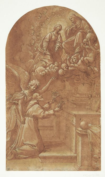 Um franciscano ajoelhado (Frans de Assis?), apoiado por um anjo, estende flores com ambas as mãos para o Cristo entronizado, que aparece apoiado por anjos e com Maria intercedendo ao seu lado de Leonello Spada