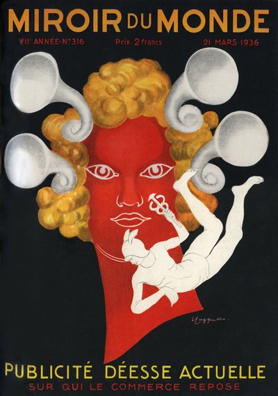 Alegoria da Publicidade "Deusa atual sobre quem repousa o comércio", com Mercúrio, deus dos viajantes e do comércio. Capa da revista Mirror du monde n°316, 21 de março de Leonetto Cappiello