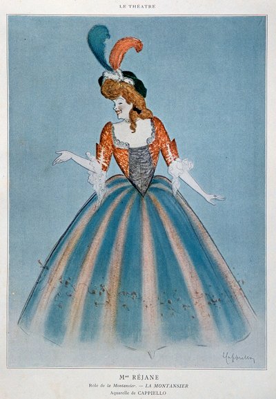 A comediante Gabrielle Charlotte Reyu, chamada Rejane (1856-1920), no papel do Montansier. Aquarela de Leonetto Cappiello (1875-1942) Paris, artes decorativas de Leonetto Cappiello