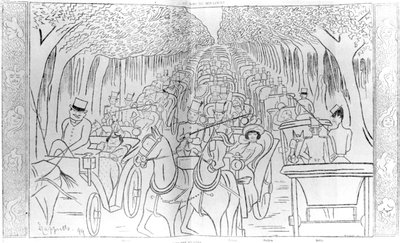 Palco, Music Hall e Opera, estrelas da era Belle Epoque, dirigindo no Bois de Boulogne, Avenue des Acacias, Paris, caricatura humorística da revista &39;Le Rire&39;, 1899 de Leonetto Cappiello