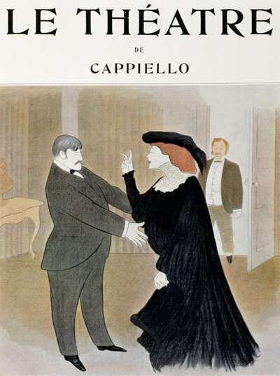 Os atores Lucien Guitry (1860-1925) e Jane Harding numa cena de La Chatelaine, apresentada no Teatro Renascentista de Paris - página de rosto da revista Theatre, abril de 1903, Paris (Imprimir) de Leonetto Cappiello