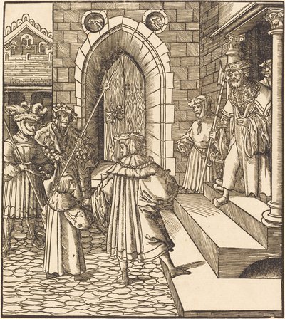 Três homens e um menino no pátio de um castelo, à direita Três homens em uma escada de Leonhard Beck