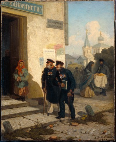 O dia do embarque. (Dois veteranos deficientes vestindo suas condecorações militares em seus uniformes vão ao banco para receber sua pensão de aposentadoria. Em frente ao banco, um mendigo olha para eles insistentemente). Pintura de O de Leonid Ivanovich Solomatkin