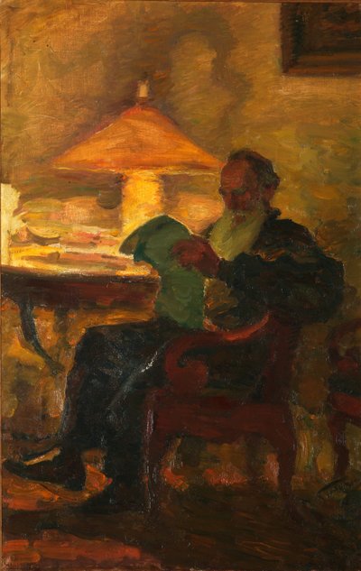 Leo Tolstoi com um jornal, 1901 de Leonid Osipovic Pasternak