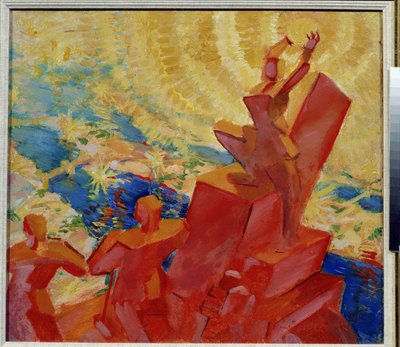 Para o sol. Paisagem colorida com uma das figuras a segurar o sol nas suas mãos. Pintura de Leonid Terentlevich Chupyatov (1890-1941). Óleo sobre tela de Leonid Terentlevich Chupyatov