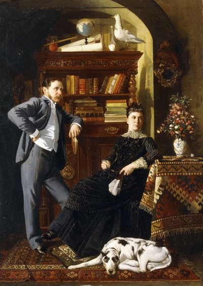 Um casal em um interior com um cachorro de Leopold Bara