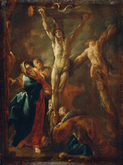 Cristo na cruz com Maria, João, Madalena e os dois pastores de Leopold Blonder