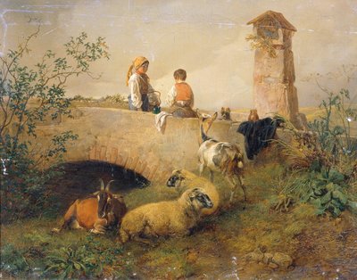 Menino e menina com ovelhas e cabras de Leopold Brunner d. J.