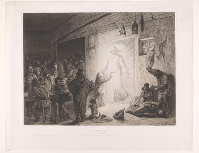 Cristo aparece em uma pousada, uma jovem se ajoelha diante dele Sauvée (título no objeto) de Leopold Flameng