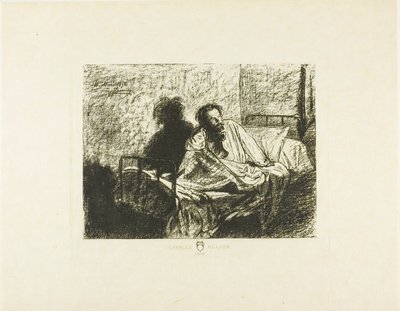 Retrato de Charles Meryon sentado na cama de Leopold Flameng