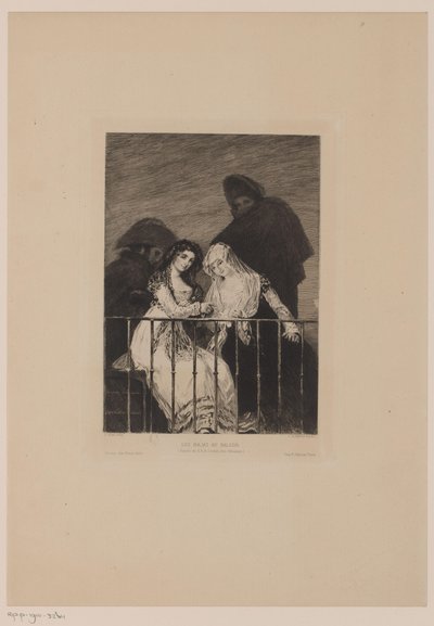 Duas mulheres com dois homens na sombra atrás deles Les majas au balcão (título no objeto) de Leopold Flameng