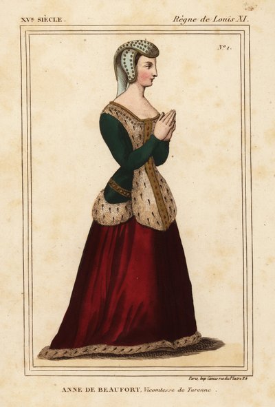 Anne Rogier de Beaufort, Vice-Condessa de Turenne 1435-1479. Litografia colorida à mão a partir de uma janela de vidro inoxidável na igreja de Cordelieres de Nantes no portefólio VI 11 de Roger de Gaignieres de Le Bibliophile Jacob aka Paul Lacroix