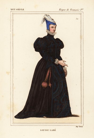 Louise Labe, La Belle Cordiere, poeta francesa de 1526-1566. Musicista, equestre, arqueira, esgrimista e linguista. Litografia colorida à mão a partir de um retrato do portefólio VIII 82 de Roger de Gaignieres de Le Bibliophile Jacob aka Paul Lacroix