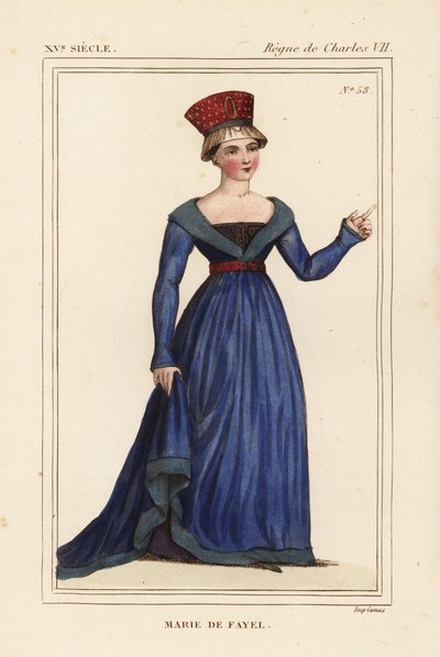Marie de Fayel, condessa de Dammartin, esposa de Renaud de Nanteuil, senhor de Acy, e irmã de Jean de Fayel. Litografia colorida à mão a partir de uma miniatura do manuscrito Histoire du Comte Gerard de Nevers, da pasta VI 123 de Roger de Gaignieres, de Le de Leopold Massard