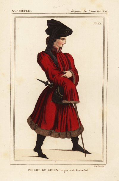 Pierre de Rieux, senhor de Rochefort 1389-1439. Litografia colorida à mão a partir de um retrato do portefólio VI 136 de Roger de Gaignieres do Le Bibliophile Jacob aka Paul Lacroix