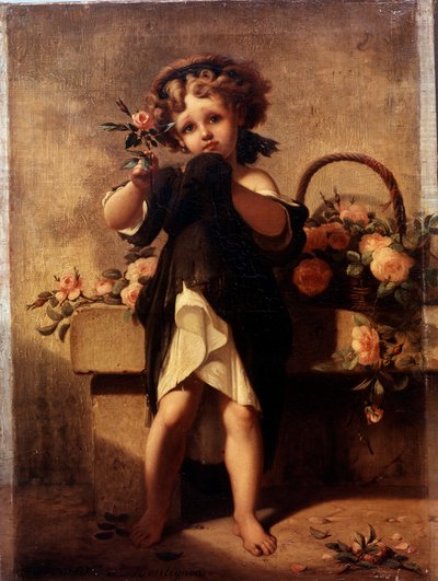 Retrato de uma menina com uma rosa Pintura de Leopold Moulignon (1821-1897) Século XIX . de Leopold de Moulignon